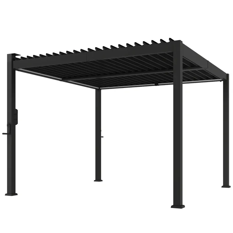Lucus-Pergola; Pavillon 3 x 3 m Terrassenüberdachung mit Solar LED-Beleuchtung | Verstellbar Lamellendach &amp; Kurbelgriff | Schwarz