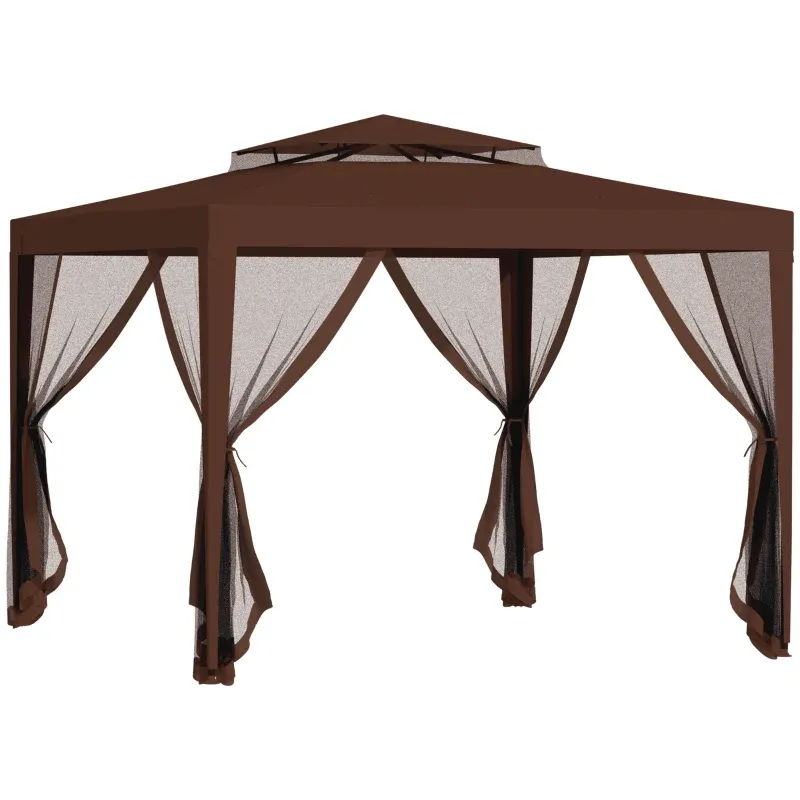 Gartenpavillon 3L x 3B m mit 4 abnehmbaren Moskitonetzen | Doppeltes Dach | Braun
