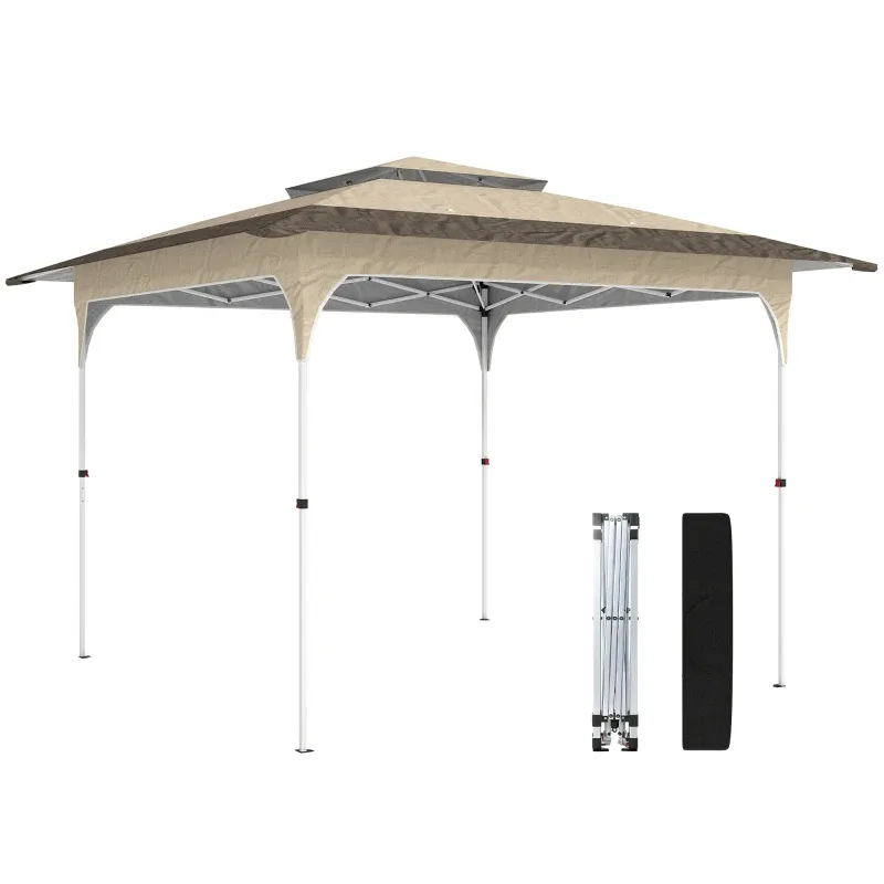 Faltpavillon 3,5x3,5 m Pop-up mit 3-stufiger Höhenverstellung Doppeldach Zentralverschluss und Tasche UPF50+ | Khaki