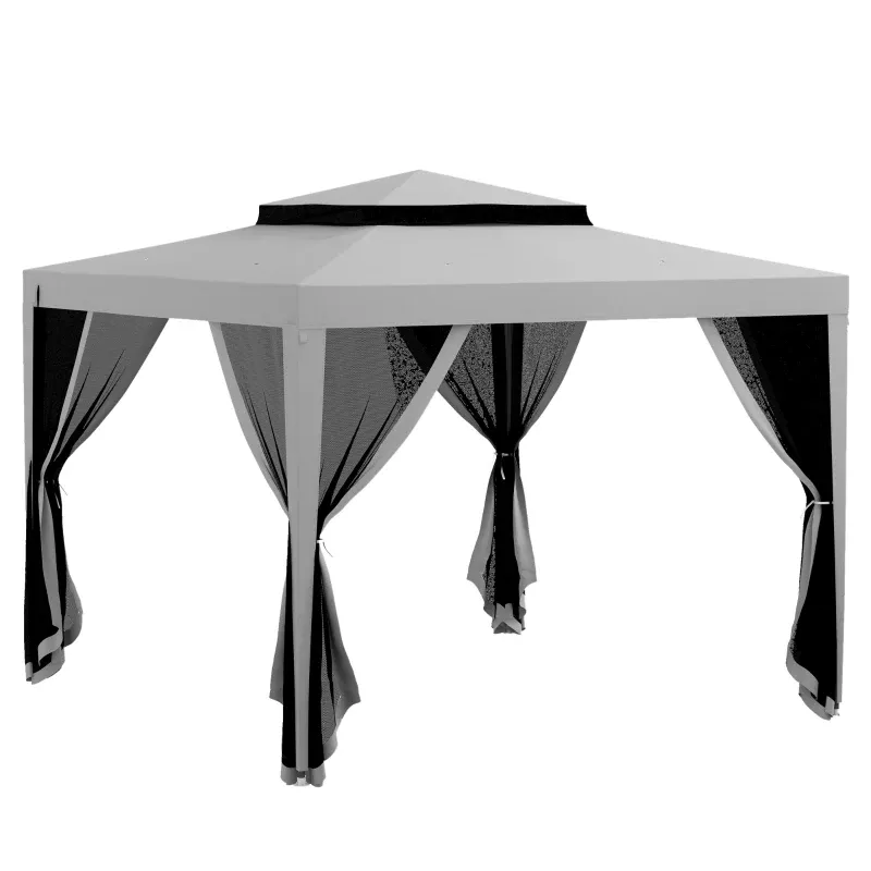 Gartenpavillon 3 x 3 m mit 4 abnehmbaren Moskitonetzen | Doppeltes Dach | Grau