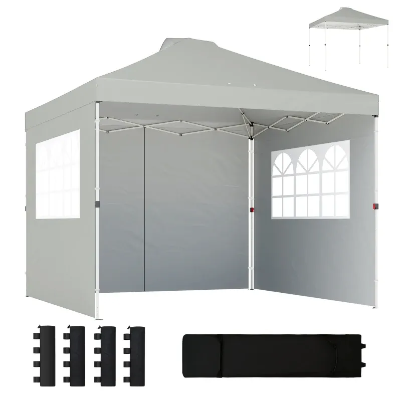 Pavillon ca. 3x3 m Wasserdicht Höhenverstellbar Pop-up Faltpavillon mit 3 Seitenwänden Fenster Lüftung | UV 50+ Hellgra
