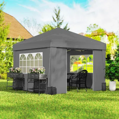 Faltbarer Gartenpavillon 3 x 3 x 2,75 m UV-Schutz 30 + mit Fenstern + Seitenwänden + Transporttasche | Dunkelgrau