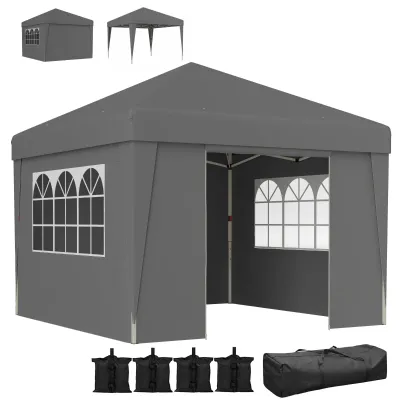 Faltbarer Gartenpavillon 3 x 3 x 2,75 m UV-Schutz 30 + mit Fenstern + Seitenwänden + Transporttasche | Dunkelgrau