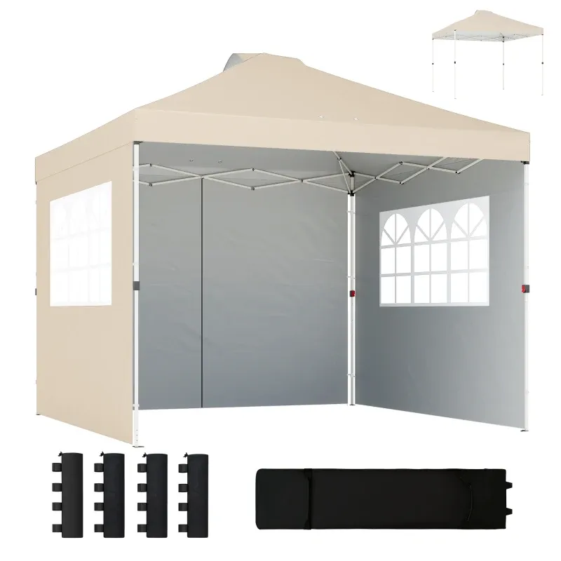 Gartenpavillon Pop-up Faltzelt höhenverstellbarer Pavillon UV 30+ 3 Seitenwände Sandsäcke Transporttasche 3 x 3 m | Creme