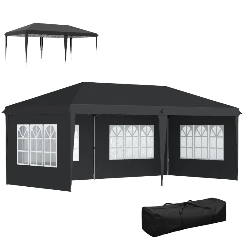 Pavillon ca. 3x6m Wasserdicht Pop-up Faltpavillon mit 4 Seitenwänden, Fenster UV-Schutz Tragetasche | Schwarz