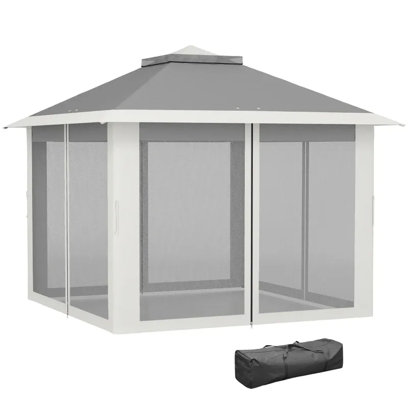 Gartenpavillon, Metall und Stoffplane, Netzvorhänge, Entwässerungslöcher | 330L x 330B x 288H cm | Grau