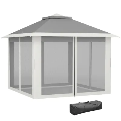 Gartenpavillon, Metall und Stoffplane, Netzvorhänge, Entwässerungslöcher | 330L x 330B x 288H cm | Grau