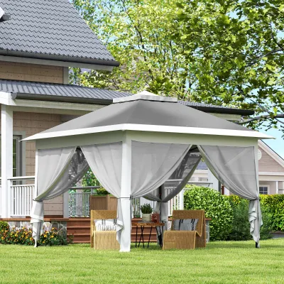 Gartenpavillon, Metall und Stoffplane, Netzvorhänge, Entwässerungslöcher | 330L x 330B x 288H cm | Grau