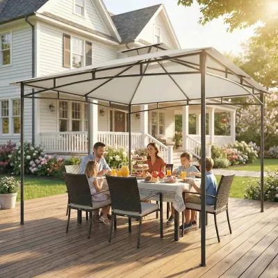 Pavillon 3x3m Wasserabweisend Stabil Winterfest Gartenpavillon mit zurückziehbar Obenrahmen Doppeldach | Cremeweiss