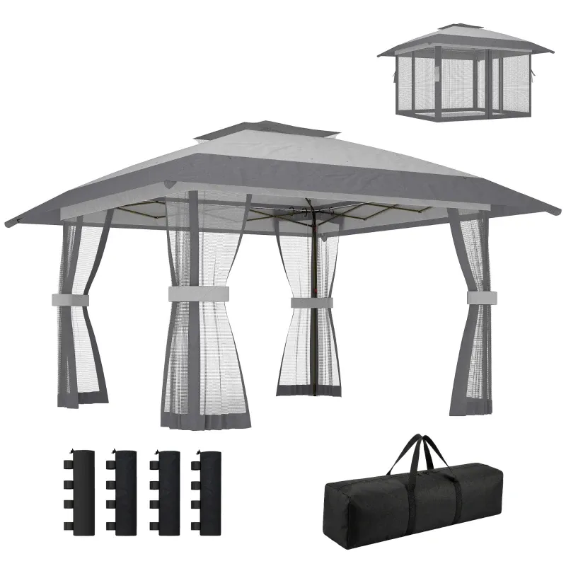Pavillon 4x4m Wasserdicht Höhenverstellbar Pop-up Faltpavillon mit Doppeldach 4 Netzseiten, UV 30+ | Hellgrau