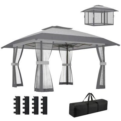 Pavillon 4x4m Wasserdicht Höhenverstellbar Pop-up Faltpavillon mit Doppeldach 4 Netzseiten, UV 30+ | Hellgrau
