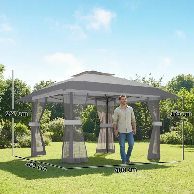 Pavillon 4x4m Wasserdicht Höhenverstellbar Pop-up Faltpavillon mit Doppeldach 4 Netzseiten, UV 30+ | Hellgrau