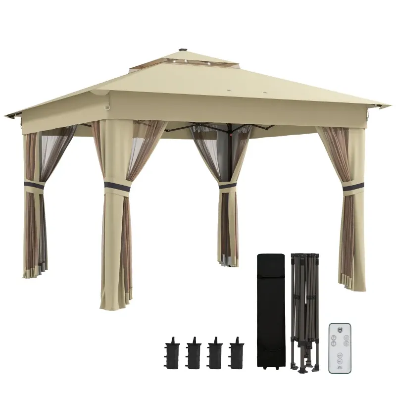Pavillon 3,3x3,3m Wasserabweisend Pop-up Faltpavillon mit LED, Doppeldach, Moskitonetz 4 Seitenteilen Tasche