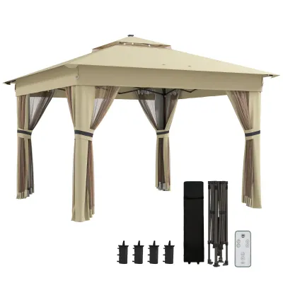 Pavillon 3,3x3,3m Wasserabweisend Pop-up Faltpavillon mit LED, Doppeldach, Moskitonetz 4 Seitenteilen Tasche