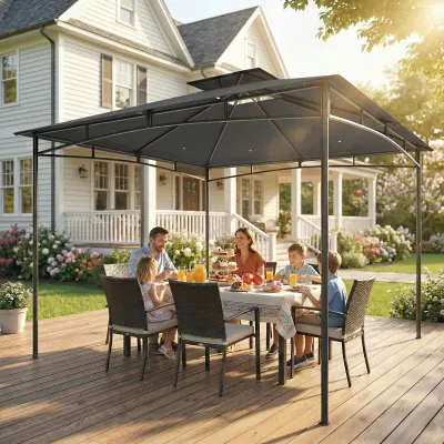 Pavillon 3x3m Wasserabweisend Stabil Winterfest Gartenpavillon mit zurückziehbar Obenrahmen Doppeldach | Dunkelgrau