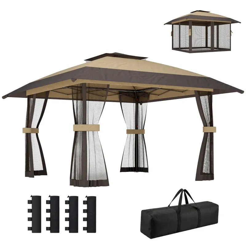 Faltpavillon Garten-Pop-up mit Moskitonetzen, 4x4 m | Khaki