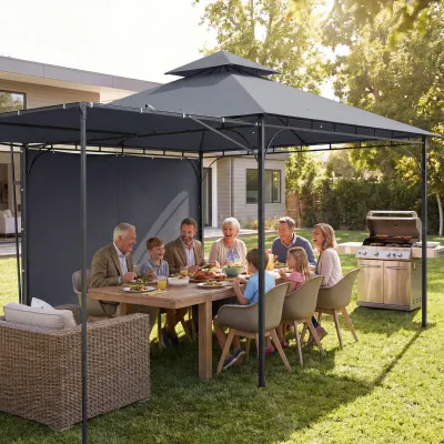 Pavillon 3,2x3,2 m Stabil Winterfest Gartenpavillon mit ausziehbaren Dachüberstand, Doppeldach | Dunkelgrau