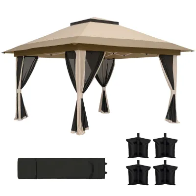Faltpavillon 3,6x3,6 m mit Netzseiten UPF50+ höhenverstellbar Rolltasche und Sandsäcke | Beige