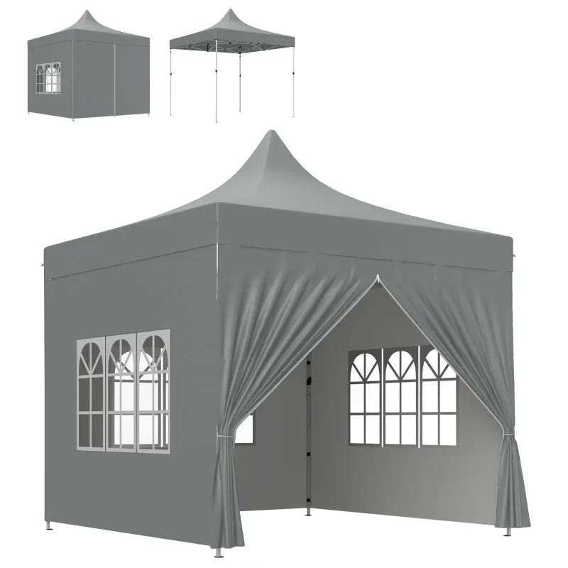 Gartenpavillon Faltzelt 3 x 3 m 4 abnehmbare Seitenwände 3 Fenster höhenverstellbar Transporttasche | Grau