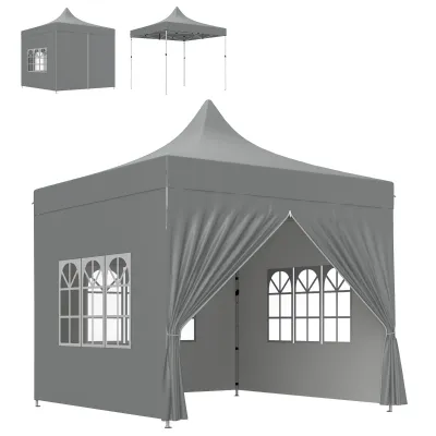 Gartenpavillon Faltzelt 3 x 3 m 4 abnehmbare Seitenwände 3 Fenster höhenverstellbar Transporttasche | Grau