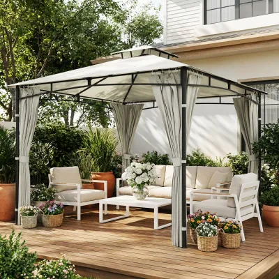Gartenpavillon Aussen Einziehbarer Dachrahmen und Doppeldach UV50+ Wasserdicht 3x3m | Creme