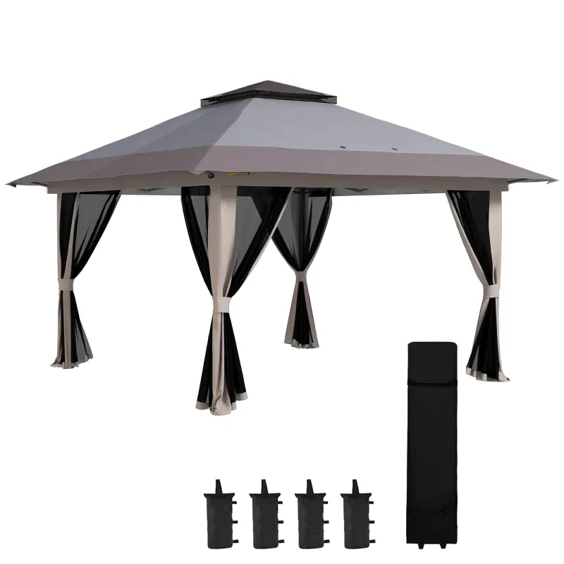 Faltpavillon Pop-up mit höhenverstellbarer Funktion UV50+ Schutz Doppeldach und Moskitonetzen 4x4x2,8 m | Hellgrau