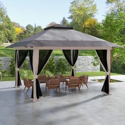 Faltpavillon Pop-up mit höhenverstellbarer Funktion UV50+ Schutz Doppeldach und Moskitonetzen 4x4x2,8 m | Hellgrau