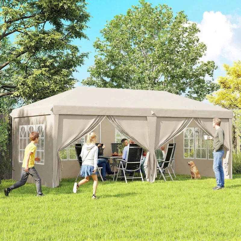 Gartenpavillon 6x3m Faltpavillon mit UV-Schutz-Seitenwänden Höhenverstellbar mit Tragetasche | beige