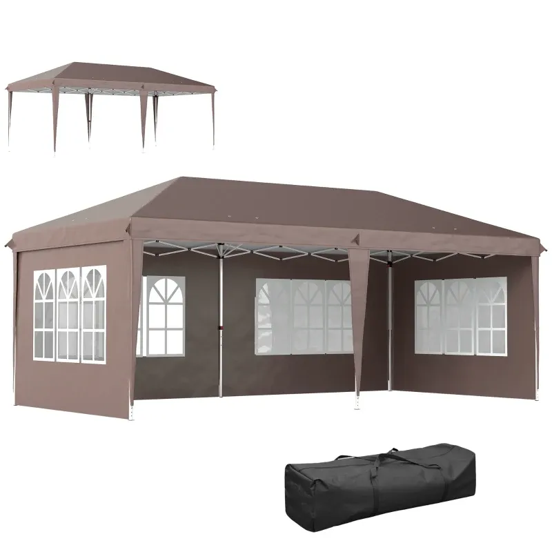 Pavillon 6x3 m Pop-up mit 4 abnehmbaren Seiten Gartenzelt mit 4 Fenstern und Tragetasche | Kaffee