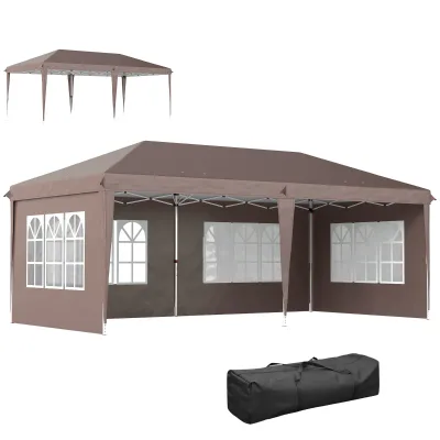 Pavillon 6x3 m Pop-up mit 4 abnehmbaren Seiten Gartenzelt mit 4 Fenstern und Tragetasche | Kaffee
