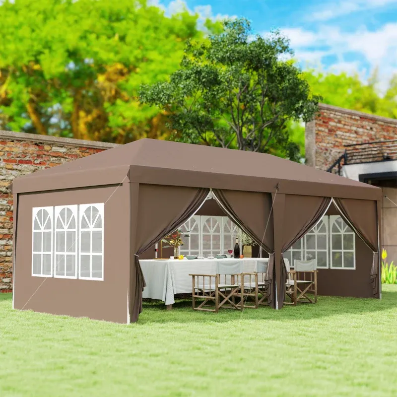Pavillon 6x3 m Pop-up mit 4 abnehmbaren Seiten Gartenzelt mit 4 Fenstern und Tragetasche | Kaffee