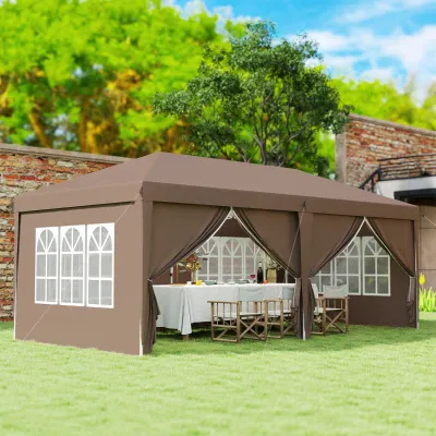 Pavillon 6x3 m Pop-up mit 4 abnehmbaren Seiten Gartenzelt mit 4 Fenstern und Tragetasche | Kaffee