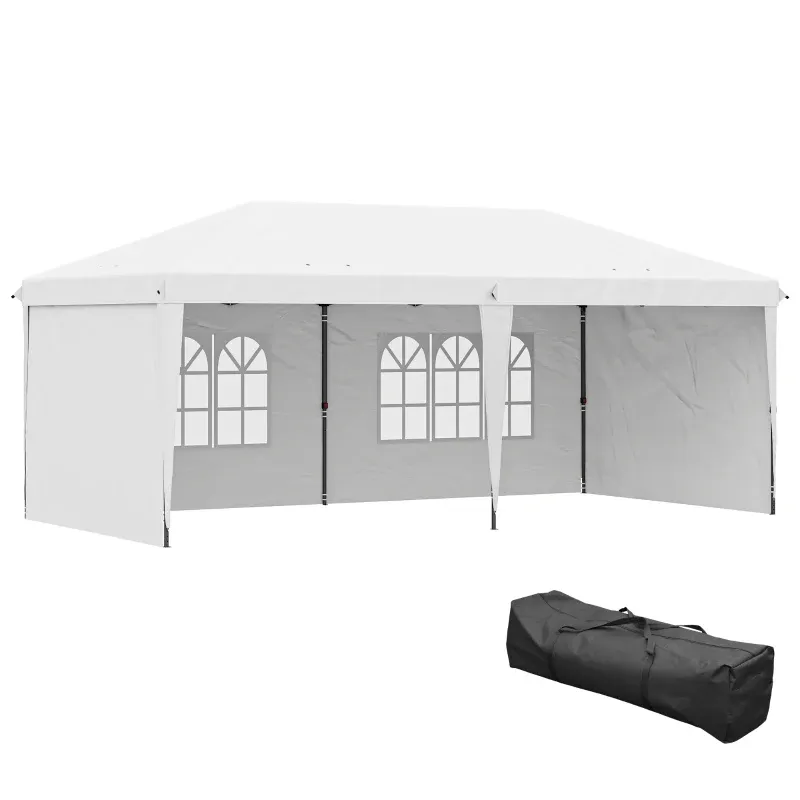 Faltpavillon 6x3 m Pop-up mit 4 abnehmbaren Seitenteilen Gartenpavillon mit 2 Fenstern und Tragetasche | Weiss