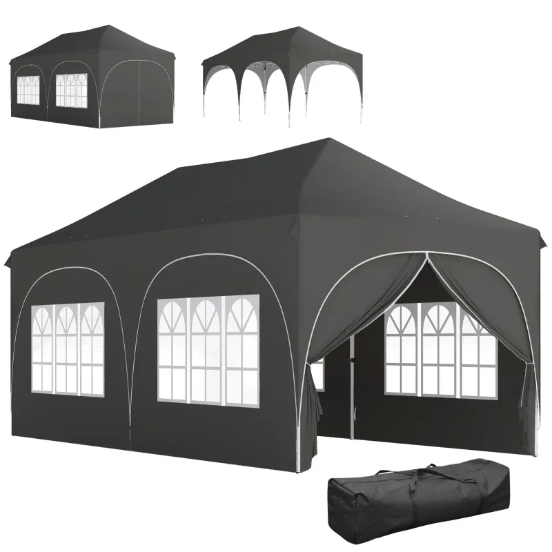 Faltpavillon 6x3 m Pop-up mit 4 abnehmbaren Seitenwänden höhenverstellbar und Tragetasche | Dunkelgrau