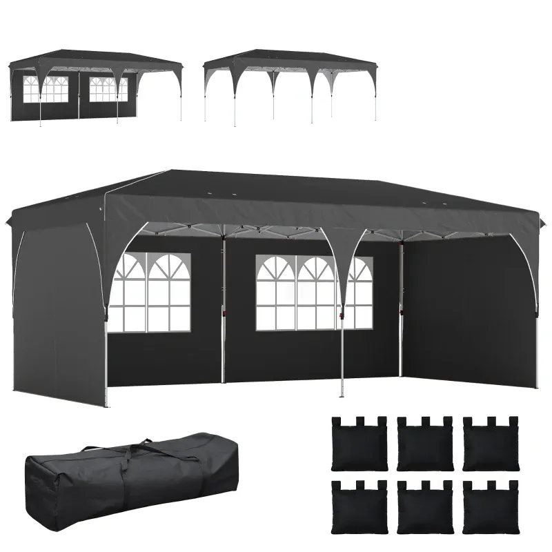 Faltpavillon 6x3 m mit reflektierenden Streifen UPF 50+ Einfacher Aufbau, Wasserdicht | Dunkelgrau