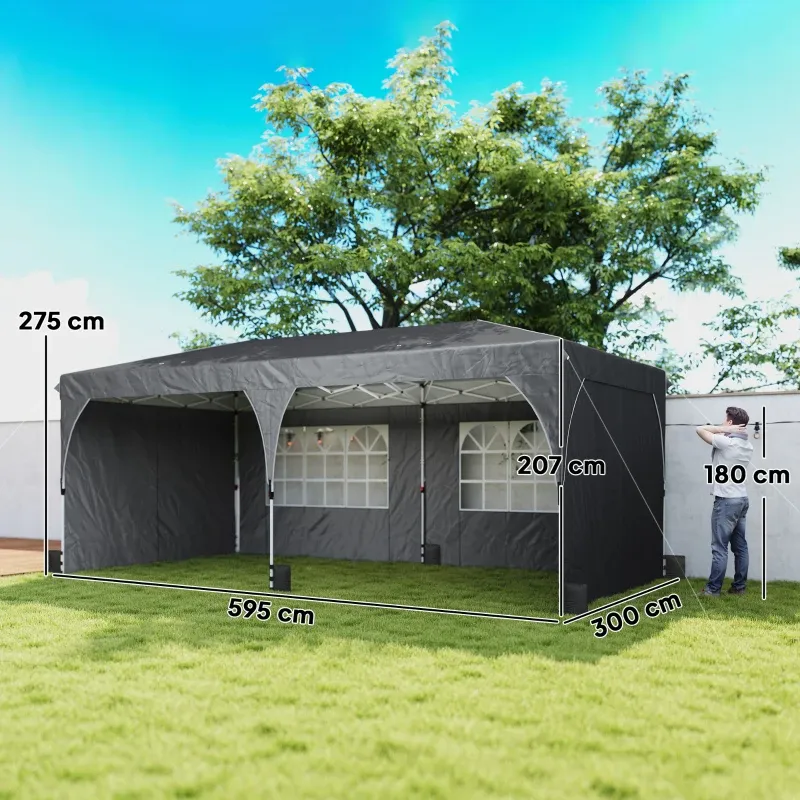 Faltpavillon 6x3 m mit reflektierenden Streifen UPF 50+ Einfacher Aufbau, Wasserdicht | Dunkelgrau