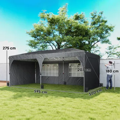 Faltpavillon 6x3 m mit reflektierenden Streifen UPF 50+ Einfacher Aufbau, Wasserdicht | Dunkelgrau