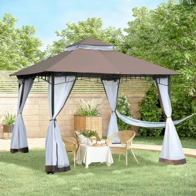 Pavillon 3 x 3 Doppeldach mit abnehmbaren Moskitonetzen wasserdicht | Braun und Weiss