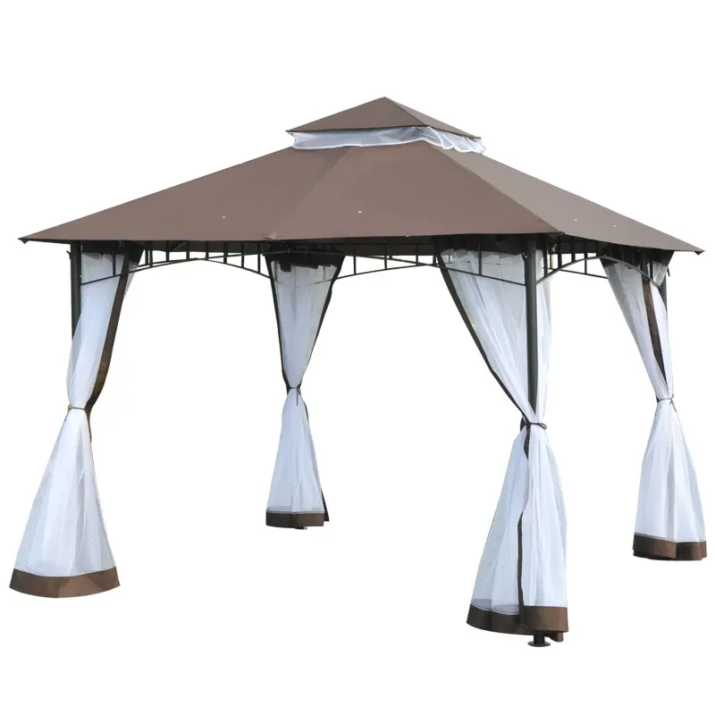 Pavillon 3 x 3 Doppeldach mit abnehmbaren Moskitonetzen wasserdicht | Braun und Weiss