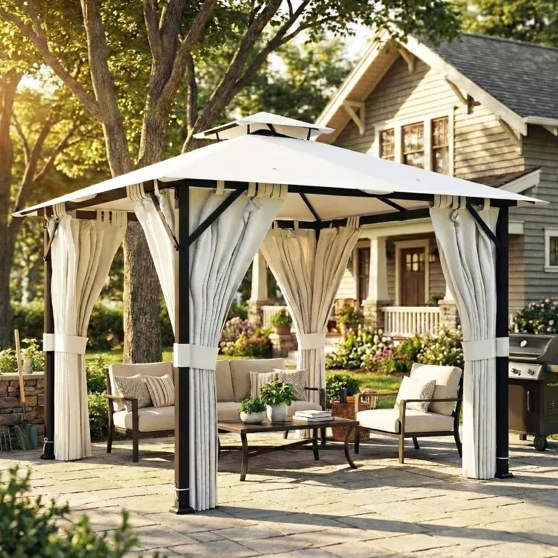 Luxuriöser Gartenpavillon 3x3m, Doppeldach, Vorhänge, Deckenhaken, Metallrahmen | Creme