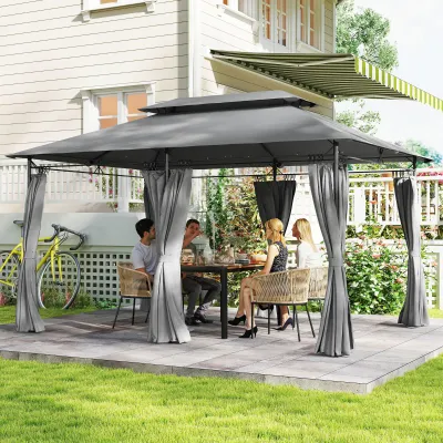 Gartenpavillon 3x4 m mit abnehmbaren Vorhängen, Doppeldach und Metallgestell | Dunkelgrau