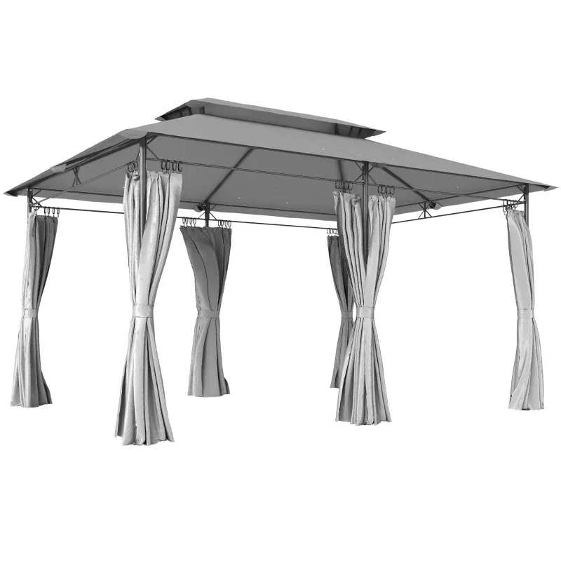 Gartenpavillon 3x4 m mit abnehmbaren Vorhängen, Doppeldach und Metallgestell | Dunkelgrau