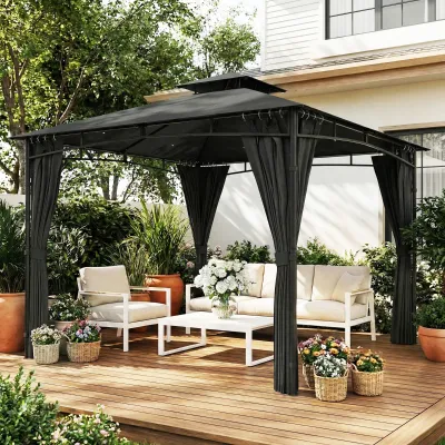Gartenpavillon Aussen Einziehbarer Dachrahmen und Doppeldach UV50+ Wasserdicht 3x3 m | Anthrazitgrau