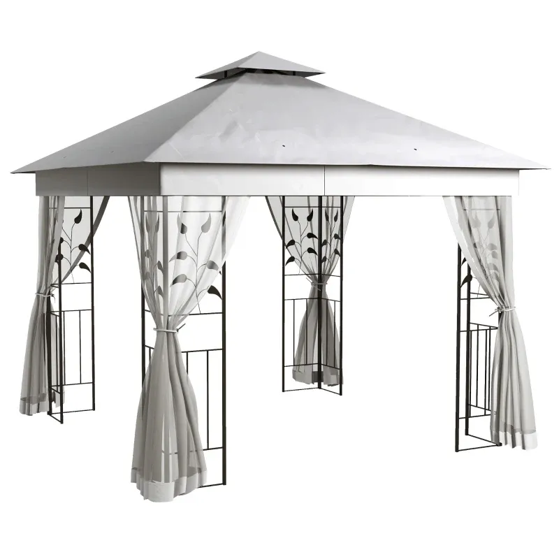 Pavillon mit Doppeldach, 3x3 m Wasserabweisend Stabil Winterfest Gartenpavillon mit Moskitonetz | Hellgrau