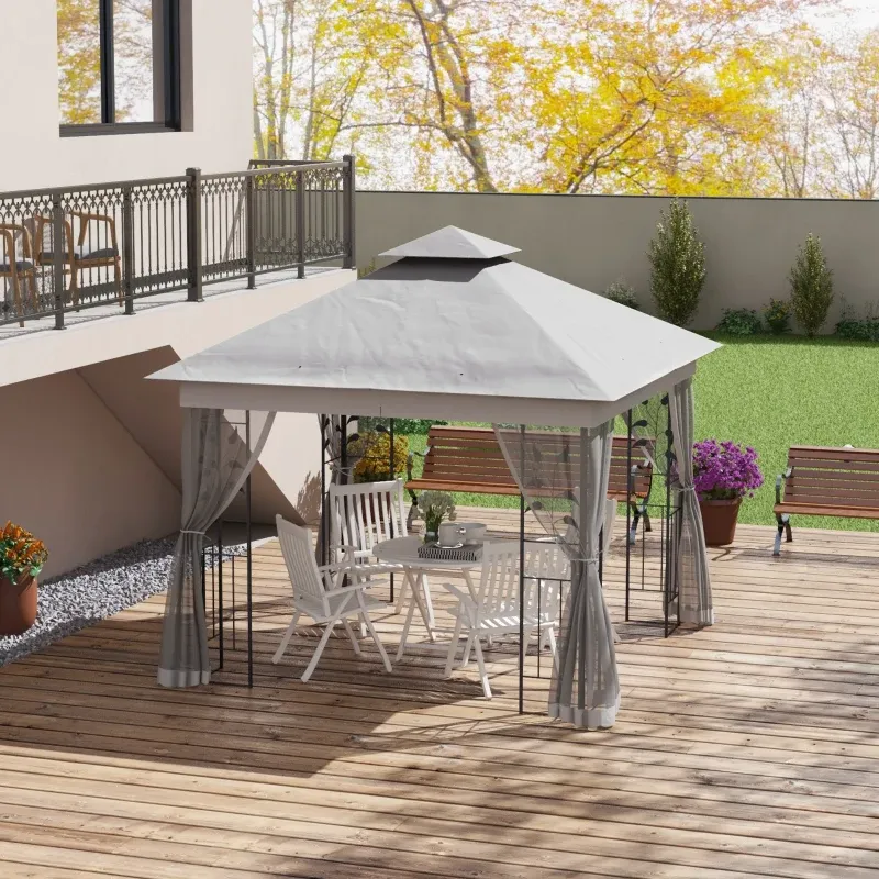 Pavillon mit Doppeldach, 3x3 m Wasserabweisend Stabil Winterfest Gartenpavillon mit Moskitonetz | Hellgrau
