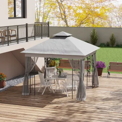 Pavillon mit Doppeldach, 3x3 m Wasserabweisend Stabil Winterfest Gartenpavillon mit Moskitonetz | Hellgrau