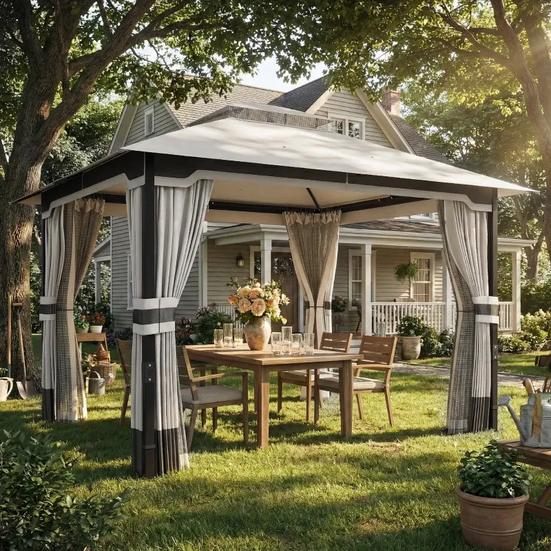 Pavillon, Gartenzelt mit Doppeldach mit 4 Seitenwänden und Moskitonetz 360x300x279 cm | Hellgrau