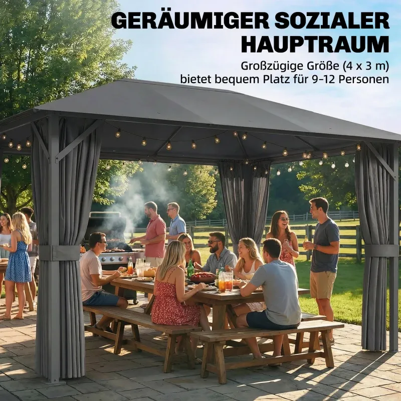 Pavillon ca. 4x3m Wasserabweisend Stabil Winterfest Gartenpavillon mit Moskitonetz 4 Seitenteile Lüftung Drainagelöchern