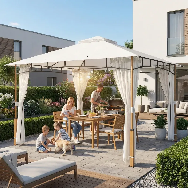 Luxus Pavillon, Gartenzelt mit Doppeldach mit Netzwänden UPF50+ 360x300x275 cm | Creme und Teak