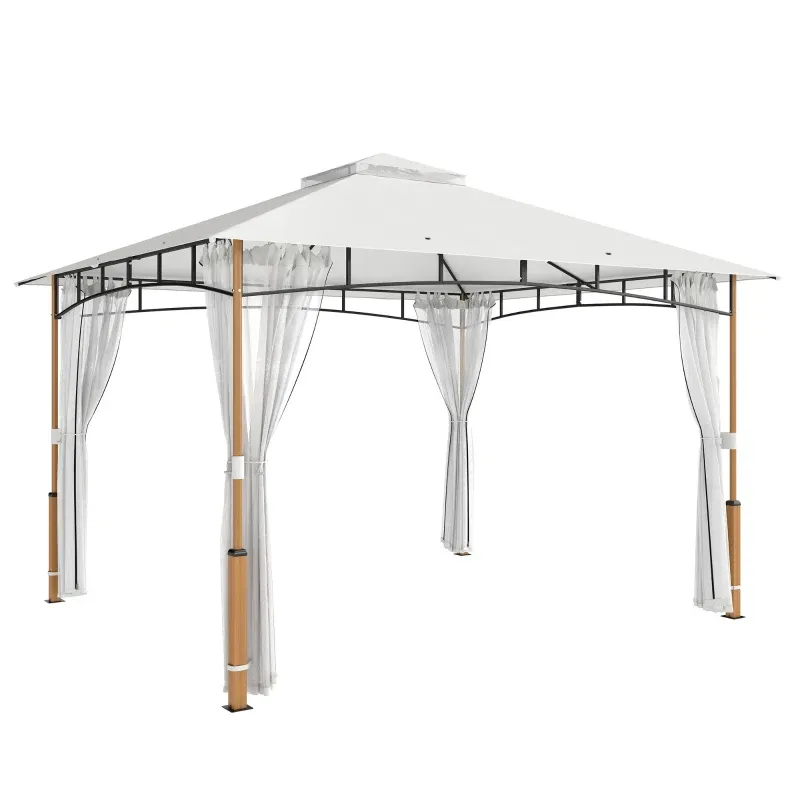 Luxus Pavillon, Gartenzelt mit Doppeldach mit Netzwänden UPF50+ 360x300x275 cm | Creme und Teak